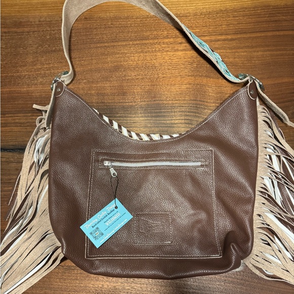 Brown and Blue Fringe Shoulder Bag with Southwestern Flair